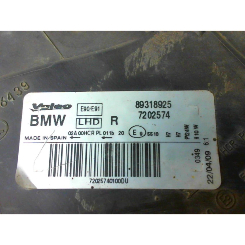 Optique avant principal droit (feux)(phare) BMW SERIE 3 E90 PHASE 1 d’occasion